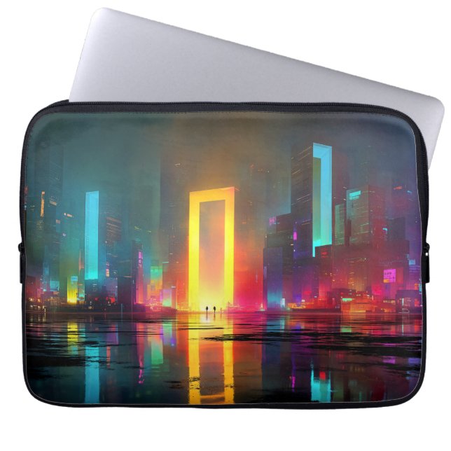 Funda Para Portátil Futuristic City with Radiant Neon Portal (Frente)