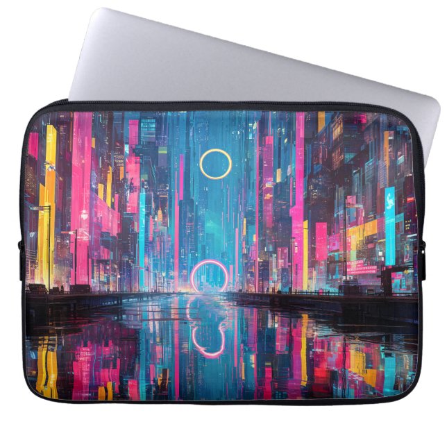 Funda Para Portátil Futuristic Vibrant Neon Night Cityscape (Frente)