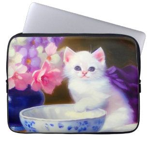 Funda Para Portátil Gatito blanco vintage con cinta morada