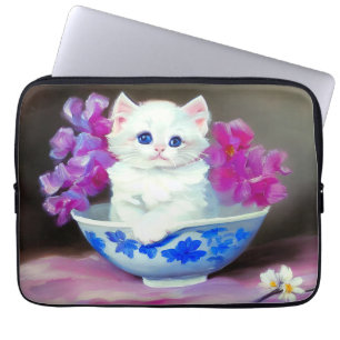 Funda Para Portátil Gatito blanco vintage con flores rosas