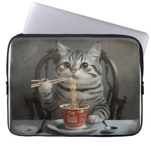 Funda Para Portátil Gato a rayas disfrutando de fideos de la copa