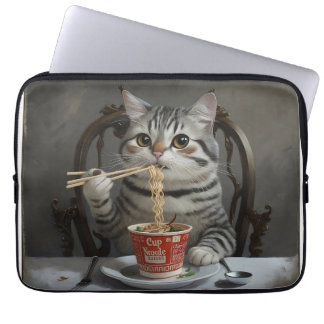 Funda Para Portátil Gato a rayas disfrutando de fideos de la copa