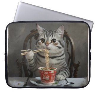 Funda Para Portátil Gato a rayas disfrutando de fideos de la copa