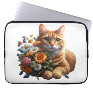 Funda Para Portátil Gato Adorable con un Ramo de Flores