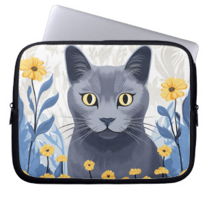 Funda Para Portátil Gato Azul Ruso Flores Amarillas