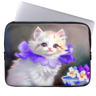 Funda Para Portátil Gato blanco con pintura de cuello de flores morada