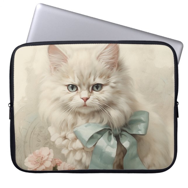 FUNDA PARA PORTÁTIL GATO BLANCO DE FLUJO DE VINTAJE CON FLORES (Frente)