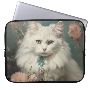 FUNDA PARA PORTÁTIL GATO BLANCO DE FLUJO DE VINTAJE CON FLORES
