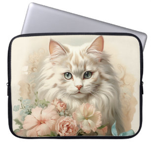 FUNDA PARA PORTÁTIL GATO BLANCO DE FLUJO DE VINTAJE CON FLORES