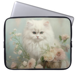FUNDA PARA PORTÁTIL GATO BLANCO DE FLUJO DE VINTAJE CON FLORES