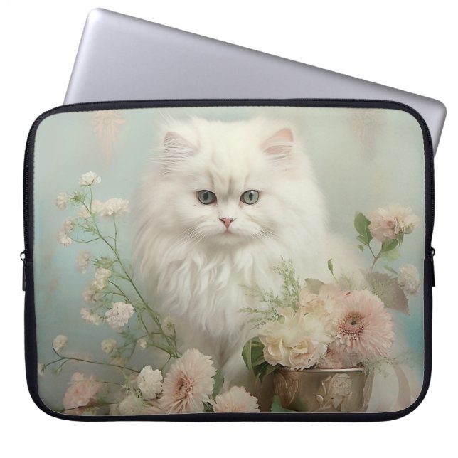 FUNDA PARA PORTÁTIL GATO BLANCO DE FLUJO DE VINTAJE CON FLORES (Frente)