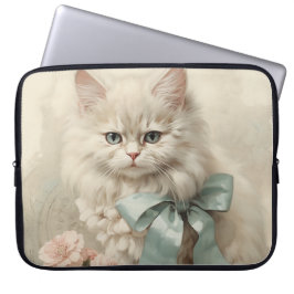 FUNDA PARA PORTÁTIL GATO BLANCO ESPELUZNADO ANTIGUO CON FLORES