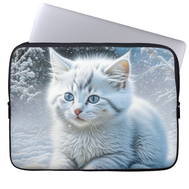 Funda Para Portátil Gato blanco lindo jugando en la nieve (Frente)