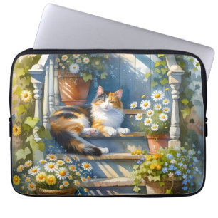 Funda Para Portátil Gato Calico en Pórtico Floral Cottagecore