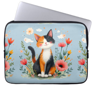 Funda Para Portátil Gato Calico Sonriente en Jardín Florido