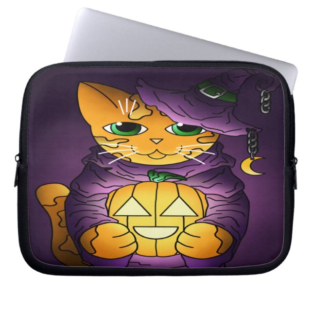 Funda Para Portátil Gato de bruja morado de Halloween (Frente)