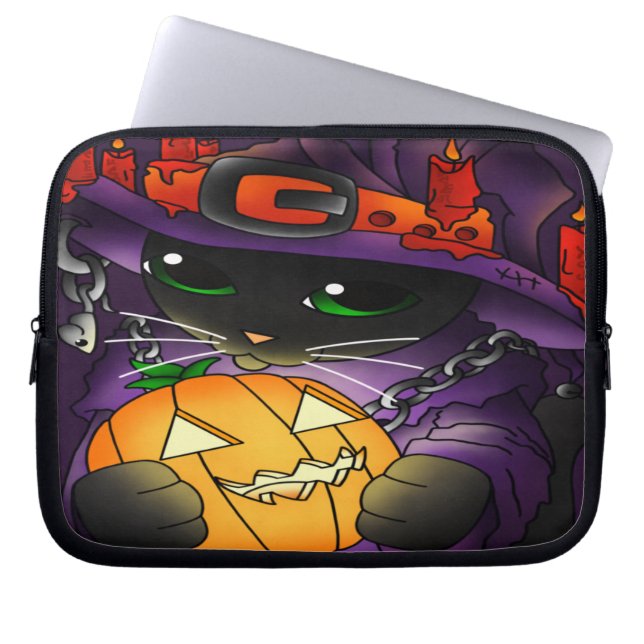 Funda Para Portátil Gato de bruja negra de la calabaza de Halloween (Frente)