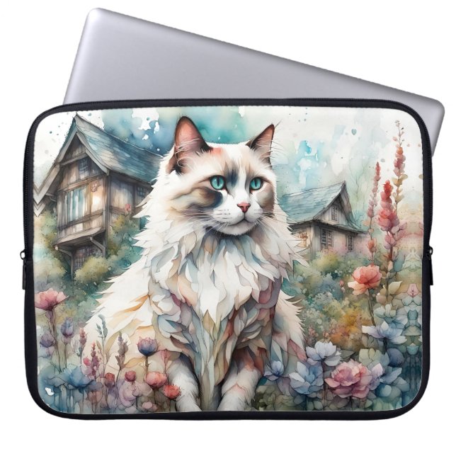 Funda Para Portátil Gato de Ragdoll en un jardín inglés (Frente)