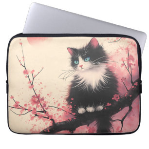 Funda Para Portátil Gato de Tuxedo en estética japonesa florece cerezo