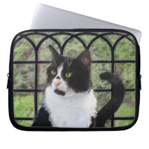 Funda Para Portátil Gato de Tuxedo en la ventana Pintura de arte anima