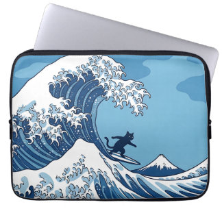 Funda Para Portátil Gato Divertido Surf en la Gran Ola de Kanagawa - J
