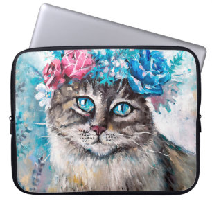Funda Para Portátil Gato en flor ordeñaba pintura al óleo sobre lienzo