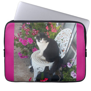 Funda Para Portátil Gato esmoquin granate rosa oscuro gatos y flores