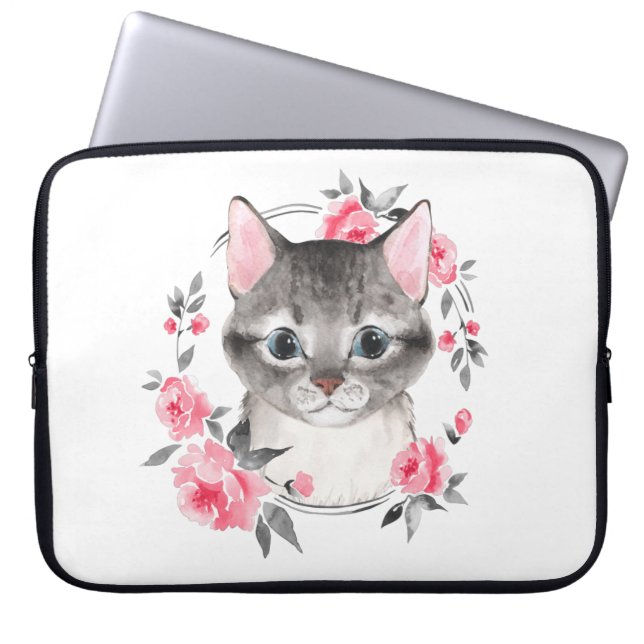 Funda Para Portátil Gato gris con flores. Acuarela (Frente)