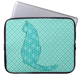 Funda Para Portátil Gato japonés - Impresión de kimono turquesa