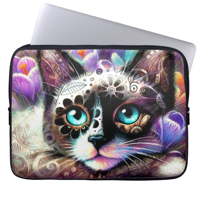Funda Para Portátil Gato kitano siamés crocus floral morado blanco Ver (Frente)