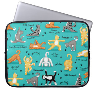 Funda Para Portátil Gato Kitty Yoga Poses Azul Turquesa Colorido