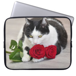 Funda Para Portátil Gato lindo con la rosa roja