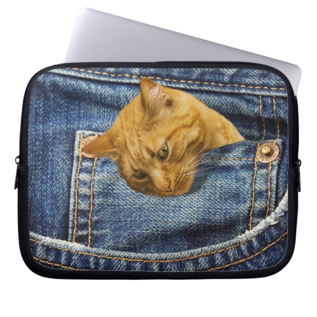 Funda Para Portátil Gato lindo en jeans ilusión graciosa de bolsillo (Frente)