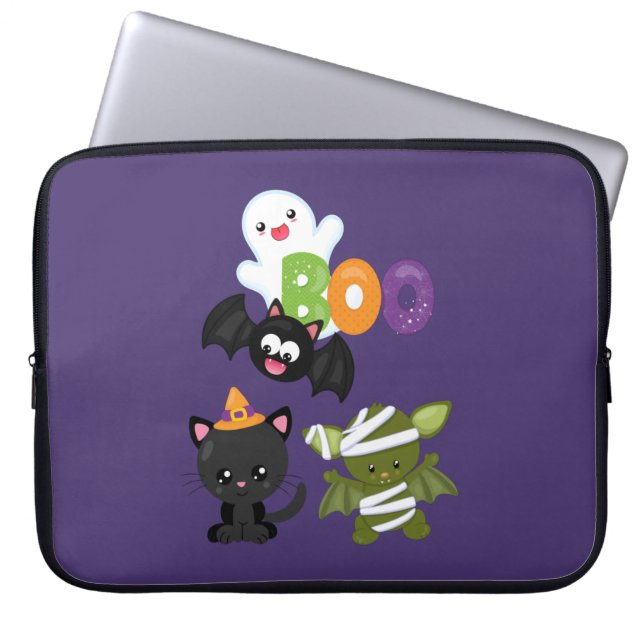 Funda Para Portátil Gato, murciélago, momia y fantasma de Halloween (Frente)