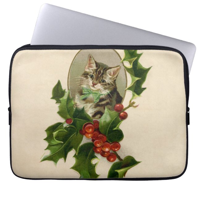 Funda Para Portátil Gato Navidades Merry Holly Kitten Arte Antiguo (Frente)