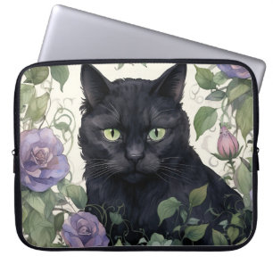 FUNDA PARA PORTÁTIL GATO NEGRO BONITO RODEADO DE PLANTAS Y FLORES