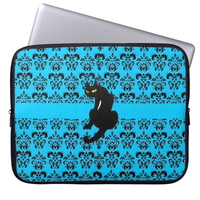 Funda Para Portátil GATO NEGRO DAMASK azul negro (Frente)