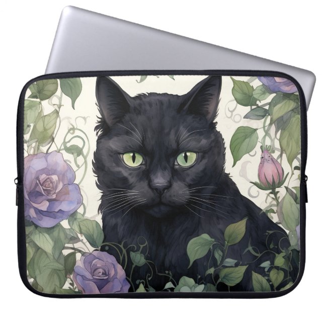 Funda Para Portátil GATO NEGRO DE bonito RODEADO DE PLANTAS Y FLORES (Frente)
