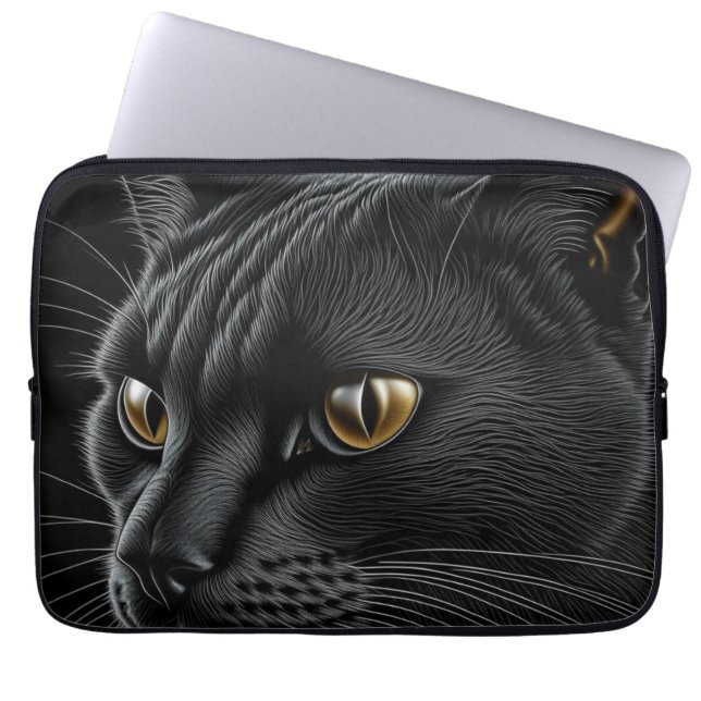 Funda Para Portátil Gato negro de IA con ojos amarillos (Frente)