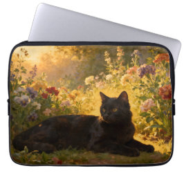 Funda Para Portátil Gato Negro en las Flores I
