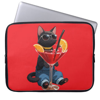 Funda Para Portátil Gato negro genial con overoles y cóctel rojo