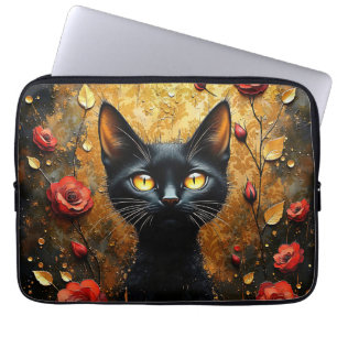 Funda Para Portátil Gato Negro y Rosas