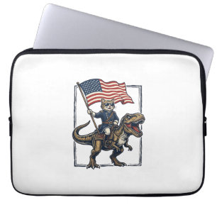 Funda Para Portátil Gato Patriótico Montando Dinosaurio Diseño Vector 