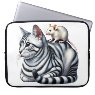 FUNDA PARA PORTÁTIL GATO TABBY PLATEADO CON PEQUEÑO RATÓN BLANCO