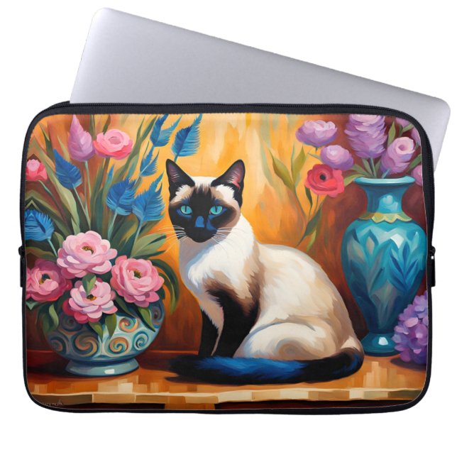 Funda Para Portátil Gato y Bouquets siameses en la acuarela de los vas (Frente)