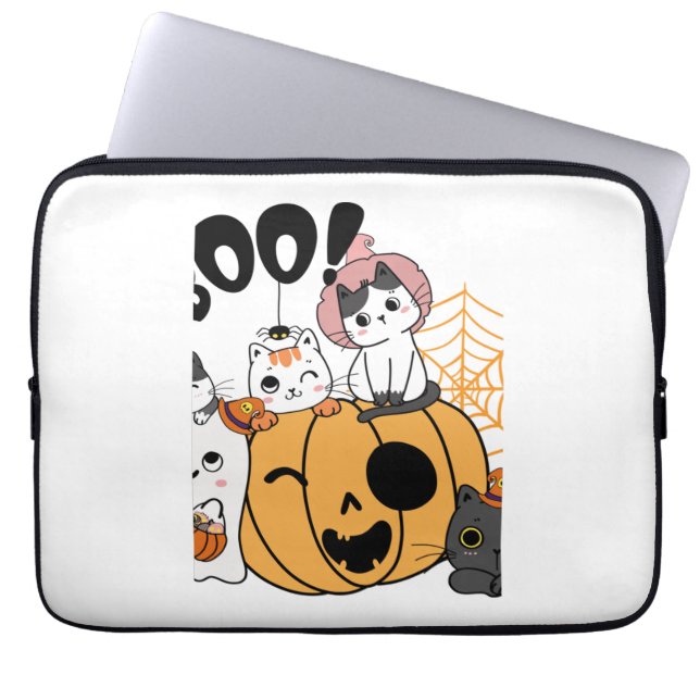 Funda Para Portátil Gatos Divirtiéndose Con El Pegatina De Halloween (Frente)