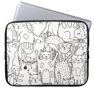 Funda Para Portátil Gatos Doodle: blanco y negro.