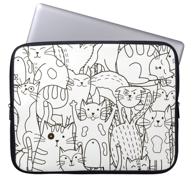 Funda Para Portátil Gatos Doodle: blanco y negro. (Frente)