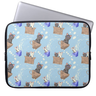 Funda Para Portátil Gatos en caja y gotas de leche en azul