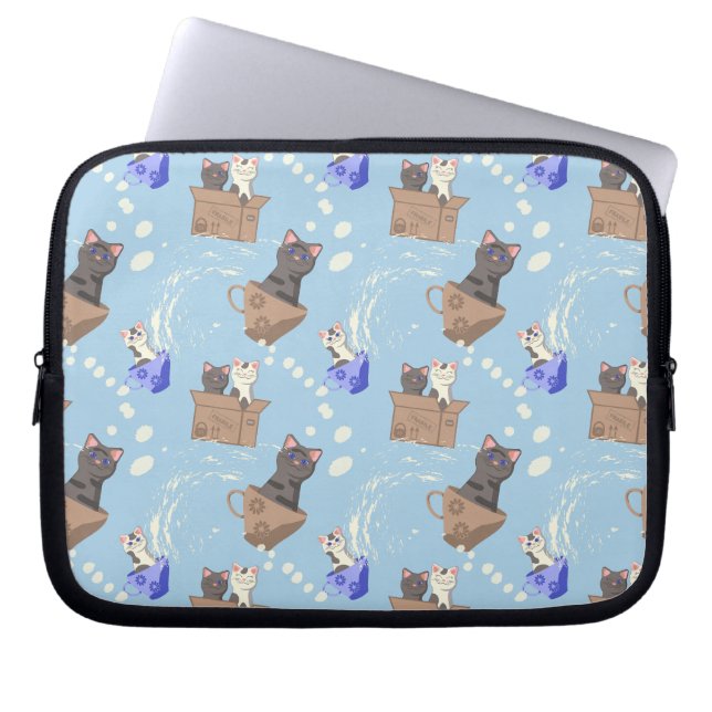 Funda Para Portátil Gatos en caja y gotas de leche en azul (Frente)